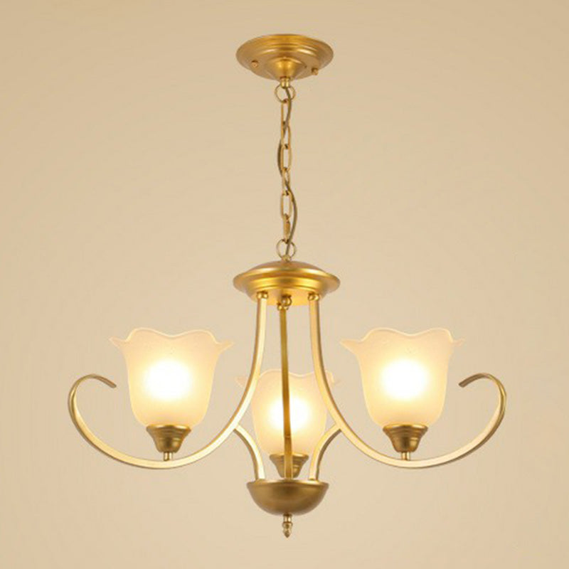 Classic Floral Chandelier Lighting Iron Pendant Light with Ruffled Cream Glass Shade 3 Gold Clearhalo 'Ceiling Lights' 'Chandeliers' 'Close To Ceiling Lights' 'Glass shade' 'Glass' Lighting' 2091985