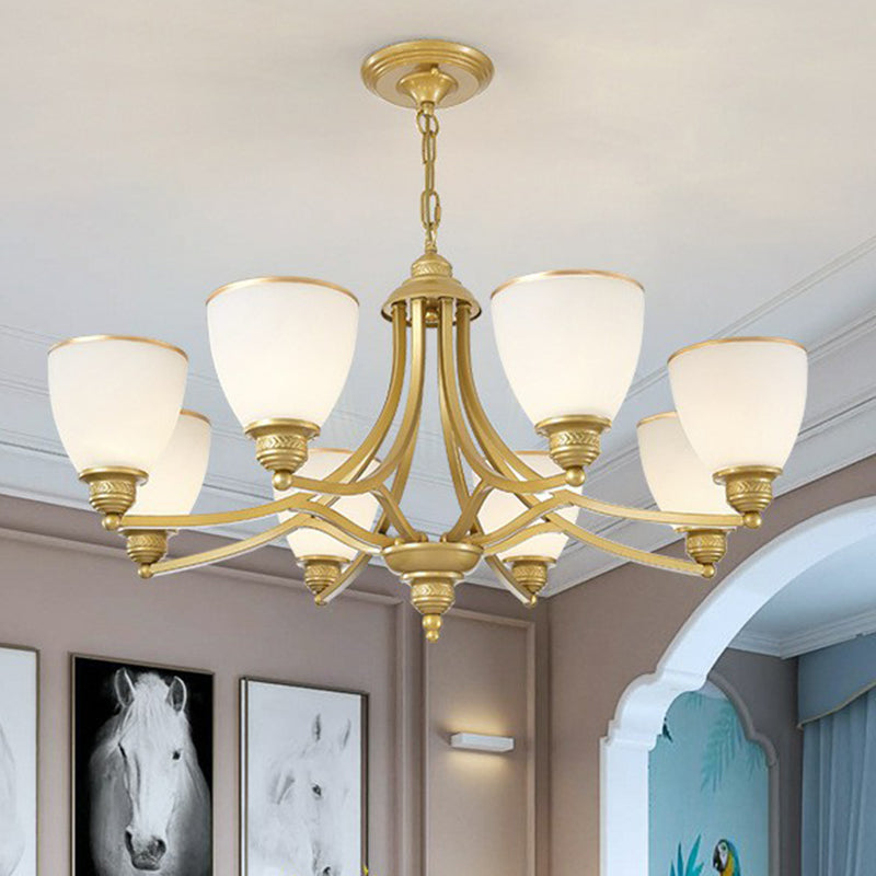 Frosted Glass Bell Shade Chandelier Pendant Light Vintage Living Room Hanging Light 8 Gold Up Clearhalo 'Ceiling Lights' 'Chandeliers' Lighting' options 2092000_cf072727-88e8-4ed2-a912-6e45b03abbed