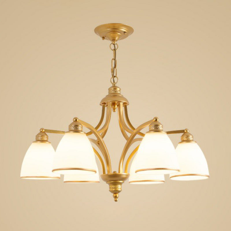 Frosted Glass Bell Shade Chandelier Pendant Light Vintage Living Room Hanging Light 6 Gold Down Clearhalo 'Ceiling Lights' 'Chandeliers' Lighting' options 2092015_f550cdcc-39ff-4f5e-89f1-0700401fbb8a