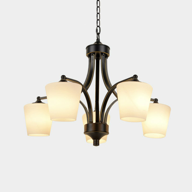 Retro Tapered Shade Chandelier Light Cream Glass Hanging Lighting for Dining Room 5 Black Clearhalo 'Ceiling Lights' 'Chandeliers' Lighting' options 2092021_42dabe74-29a5-41d6-b31d-fc7bbc2895e2