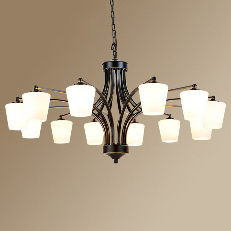 Retro Tapered Shade Chandelier Light Cream Glass Hanging Lighting for Dining Room 12 Black Clearhalo 'Ceiling Lights' 'Chandeliers' Lighting' options 2092024_d5737872-207a-4a4a-bf3f-d80c45d35473