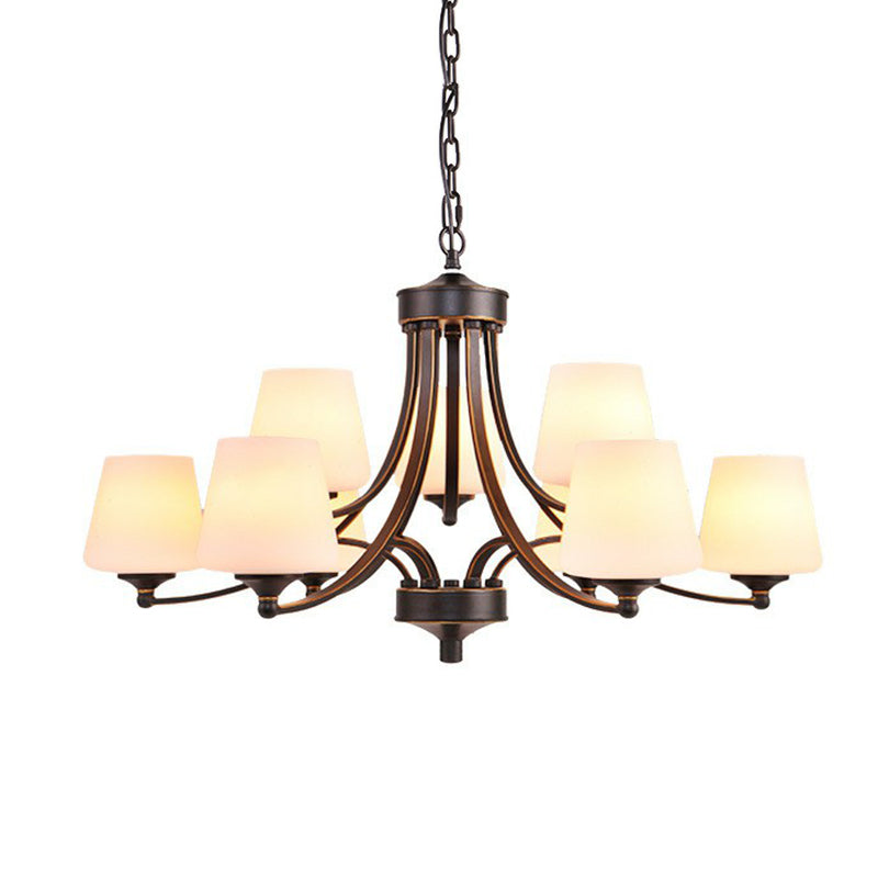 Tapered Shade White Frost Glass Suspension Light Rustic Living Room Chandelier Light Clearhalo 'Ceiling Lights' 'Chandeliers' Lighting' options 2092033