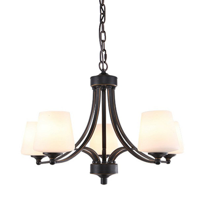 Tapered Shade White Frost Glass Suspension Light Rustic Living Room Chandelier Light 5 Black Clearhalo 'Ceiling Lights' 'Chandeliers' Lighting' options 2092040_b9fee91b-b981-4ebd-ada1-0a44fdaaa293