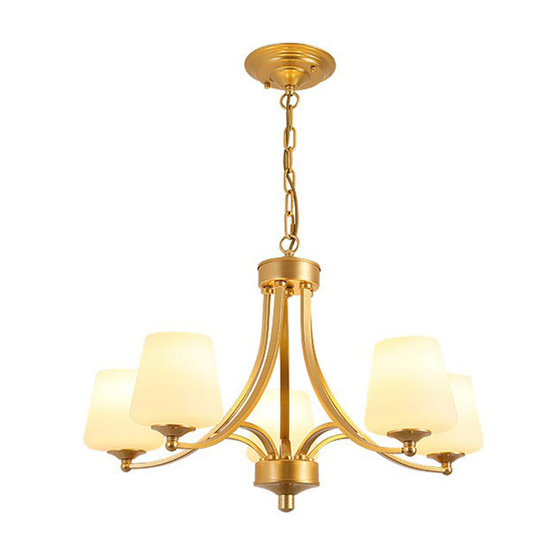 Tapered Shade White Frost Glass Suspension Light Rustic Living Room Chandelier Light 5 Gold Clearhalo 'Ceiling Lights' 'Chandeliers' Lighting' options 2092046_441aa99a-bf98-4dc6-b080-6e921f0599b3