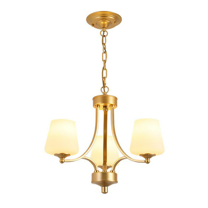 Tapered Shade White Frost Glass Suspension Light Rustic Living Room Chandelier Light 3 Gold Clearhalo 'Ceiling Lights' 'Chandeliers' Lighting' options 2092047_9be7804c-a22c-4ba0-832d-f1cc9eb1da03