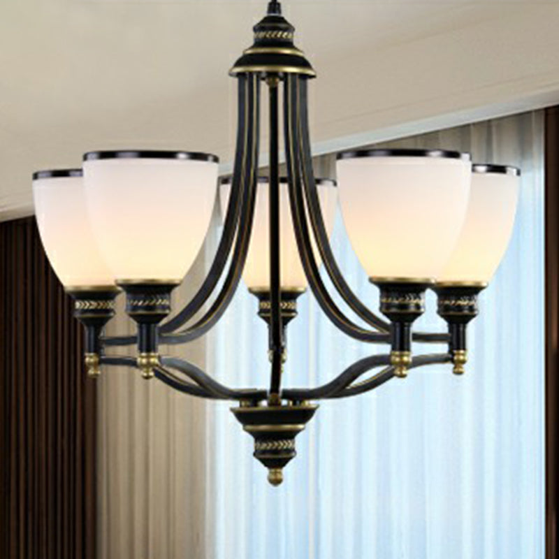 Bell Living Room Ceiling Lighting Traditional Opal Glass Black Chandelier Light Fixture 5 Black Clearhalo 'Ceiling Lights' 'Chandeliers' Lighting' options 2092060_9191ab34-3411-4bf1-bbc4-2cf48afa5281