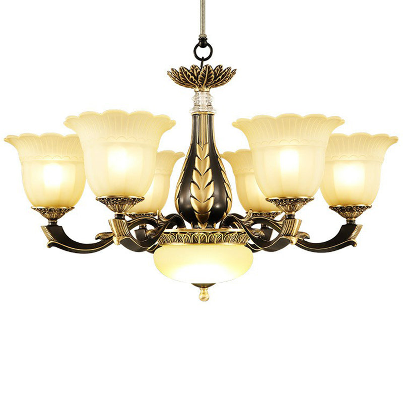 Frost Glass Gold-Black Chandelier Light Floral Retro Pendant Light Fixture for Dining Room Clearhalo 'Ceiling Lights' 'Chandeliers' Lighting' options 2092071