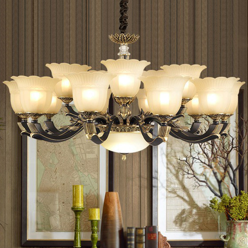 Frost Glass Gold-Black Chandelier Light Floral Retro Pendant Light Fixture for Dining Room Clearhalo 'Ceiling Lights' 'Chandeliers' Lighting' options 2092072