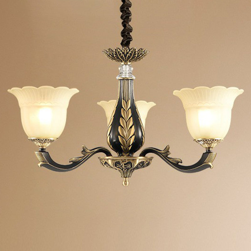 Frost Glass Gold-Black Chandelier Light Floral Retro Pendant Light Fixture for Dining Room 3 Gold-Black Clearhalo 'Ceiling Lights' 'Chandeliers' Lighting' options 2092076_79d5425b-b652-4e35-b910-ff191b820082