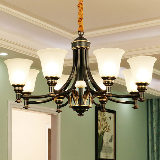 Cream Glass Flared Shade Chandelier Pendant Light Vintage Living Room Hanging Light in Black Clearhalo 'Ceiling Lights' 'Chandeliers' Lighting' options 2092105