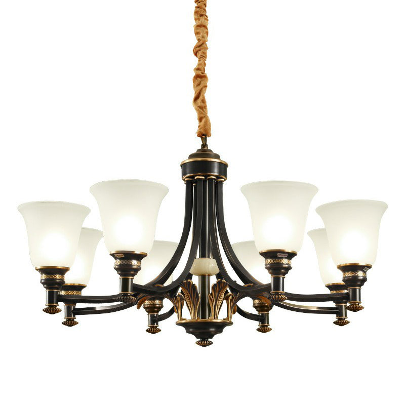 Cream Glass Flared Shade Chandelier Pendant Light Vintage Living Room Hanging Light in Black Clearhalo 'Ceiling Lights' 'Chandeliers' Lighting' options 2092107