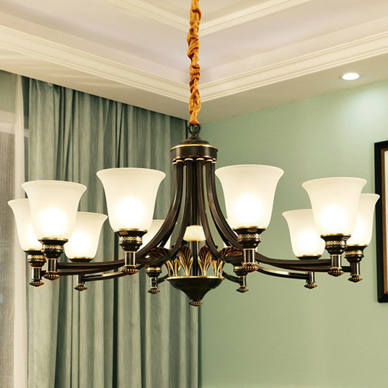 Cream Glass Flared Shade Chandelier Pendant Light Vintage Living Room Hanging Light in Black Clearhalo 'Ceiling Lights' 'Chandeliers' Lighting' options 2092109