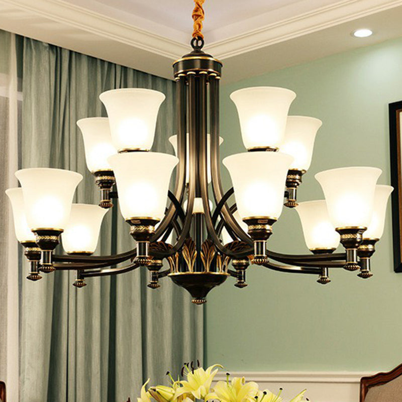 Cream Glass Flared Shade Chandelier Pendant Light Vintage Living Room Hanging Light in Black 15 Black Clearhalo 'Ceiling Lights' 'Chandeliers' Lighting' options 2092110_1d1e6137-7775-44cd-920e-25d22c57d4a9