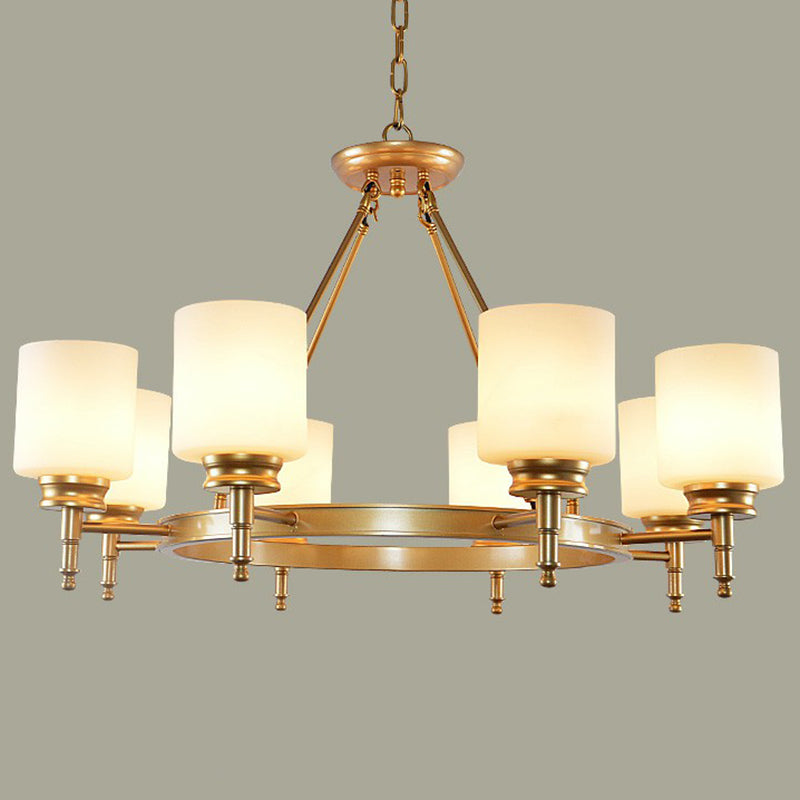 Retro Cylinder Shaped Chandelier Light Opal Glass Pendant Light Fixture for Living Room Clearhalo 'Ceiling Lights' 'Chandeliers' Lighting' options 2092119