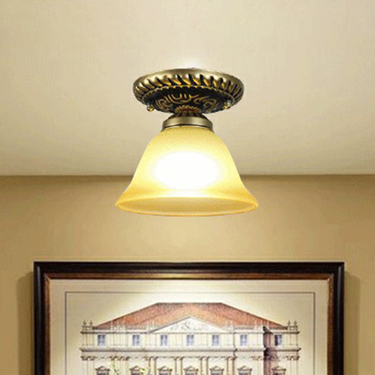 Single Frost Glass Semi Flush Mount Vintage Bronze Bell Corridor Ceiling Mounted Light Bronze E Clearhalo 'Ceiling Lights' 'Close To Ceiling Lights' 'Close to ceiling' 'Glass shade' 'Glass' 'Semi-flushmount' Lighting' 2092147