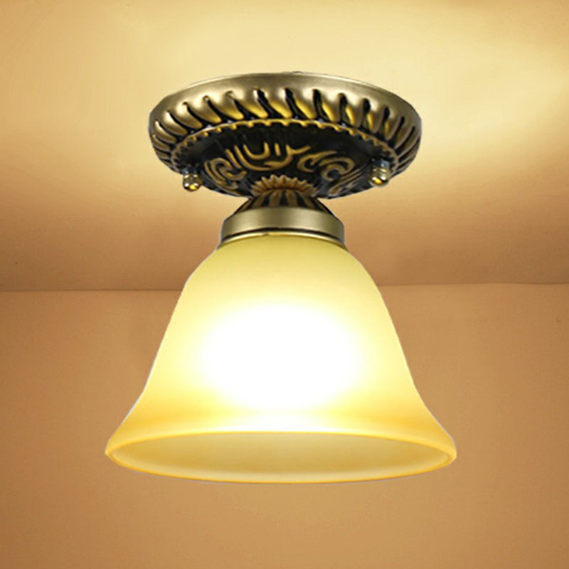 Single Frost Glass Semi Flush Mount Vintage Bronze Bell Corridor Ceiling Mounted Light Clearhalo 'Ceiling Lights' 'Close To Ceiling Lights' 'Close to ceiling' 'Glass shade' 'Glass' 'Semi-flushmount' Lighting' 2092148