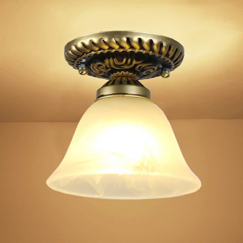 Single Frost Glass Semi Flush Mount Vintage Bronze Bell Corridor Ceiling Mounted Light Clearhalo 'Ceiling Lights' 'Close To Ceiling Lights' 'Close to ceiling' 'Glass shade' 'Glass' 'Semi-flushmount' Lighting' 2092150