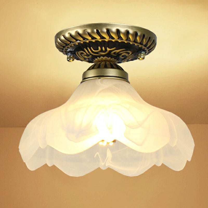 Single Frost Glass Semi Flush Mount Vintage Bronze Bell Corridor Ceiling Mounted Light Clearhalo 'Ceiling Lights' 'Close To Ceiling Lights' 'Close to ceiling' 'Glass shade' 'Glass' 'Semi-flushmount' Lighting' 2092153