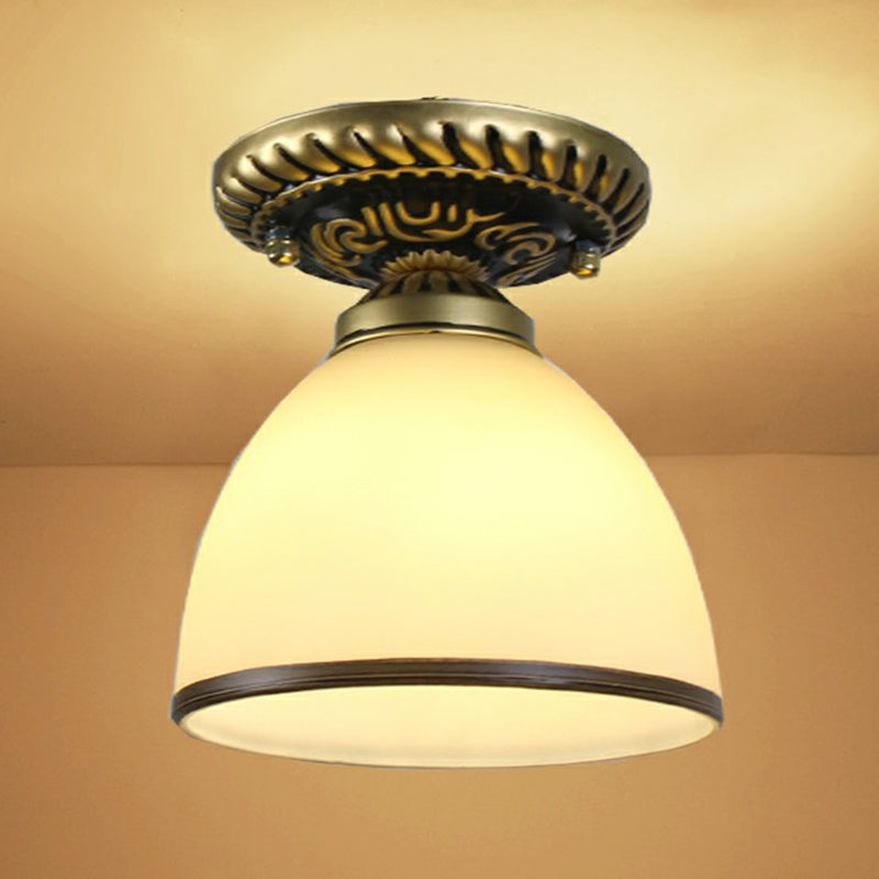 Single Frost Glass Semi Flush Mount Vintage Bronze Bell Corridor Ceiling Mounted Light Clearhalo 'Ceiling Lights' 'Close To Ceiling Lights' 'Close to ceiling' 'Glass shade' 'Glass' 'Semi-flushmount' Lighting' 2092155