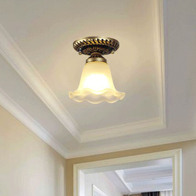 Single Frost Glass Semi Flush Mount Vintage Bronze Bell Corridor Ceiling Mounted Light Bronze A Clearhalo 'Ceiling Lights' 'Close To Ceiling Lights' 'Close to ceiling' 'Glass shade' 'Glass' 'Semi-flushmount' Lighting' 2092156