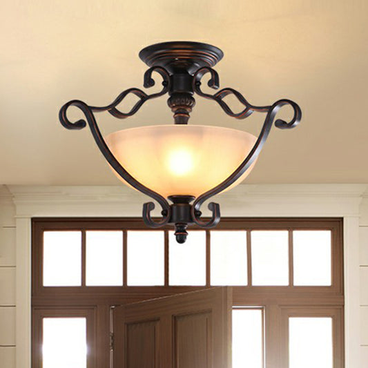Copper Single Semi Flush Light Rustic Iron Scrolled Ceiling Flush Mount with Bowl Beige Glass Shade Copper Clearhalo 'Ceiling Lights' 'Close To Ceiling Lights' 'Close to ceiling' 'Semi-flushmount' Lighting' 2092163