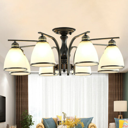 Rustic Bowl Shaped Semi Flush Frost Glass Ceiling Mount Chandelier for Living Room 8 Black Clearhalo 'Ceiling Lights' 'Close To Ceiling Lights' 'Close to ceiling' 'Semi-flushmount' Lighting' 2092192