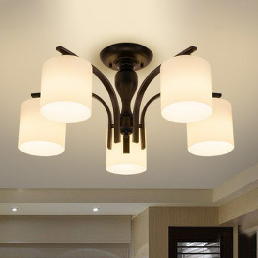 Cylinder Shaped Opal Glass Semi Flush Mount Classic Living Room Close To Ceiling Chandelier in Black 5 Black Clearhalo 'Ceiling Lights' 'Close To Ceiling Lights' 'Close to ceiling' 'Semi-flushmount' Lighting' 2092203