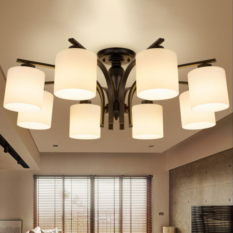 Cylinder Shaped Opal Glass Semi Flush Mount Classic Living Room Close To Ceiling Chandelier in Black 8 Black Clearhalo 'Ceiling Lights' 'Close To Ceiling Lights' 'Close to ceiling' 'Semi-flushmount' Lighting' 2092205