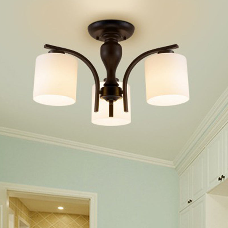 Cylinder Shaped Opal Glass Semi Flush Mount Classic Living Room Close To Ceiling Chandelier in Black 3 Black Clearhalo 'Ceiling Lights' 'Close To Ceiling Lights' 'Close to ceiling' 'Semi-flushmount' Lighting' 2092207