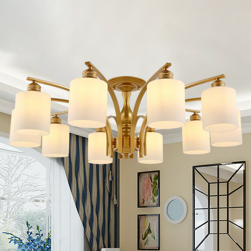 Metallic Branch Shaped Flush Mount Light Vintage Living Room Semi Flush Chandelier with Cream Glass Shade 10 Gold A Clearhalo 'Ceiling Lights' 'Close To Ceiling Lights' 'Close to ceiling' 'Semi-flushmount' Lighting' 2092208