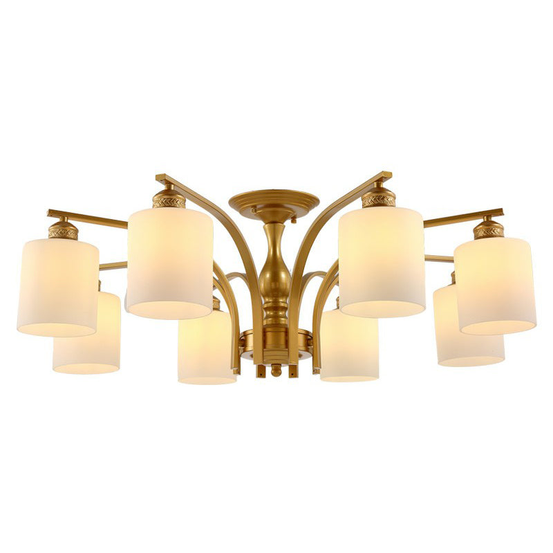 Metallic Branch Shaped Flush Mount Light Vintage Living Room Semi Flush Chandelier with Cream Glass Shade 8 Gold A Clearhalo 'Ceiling Lights' 'Close To Ceiling Lights' 'Close to ceiling' 'Semi-flushmount' Lighting' 2092210
