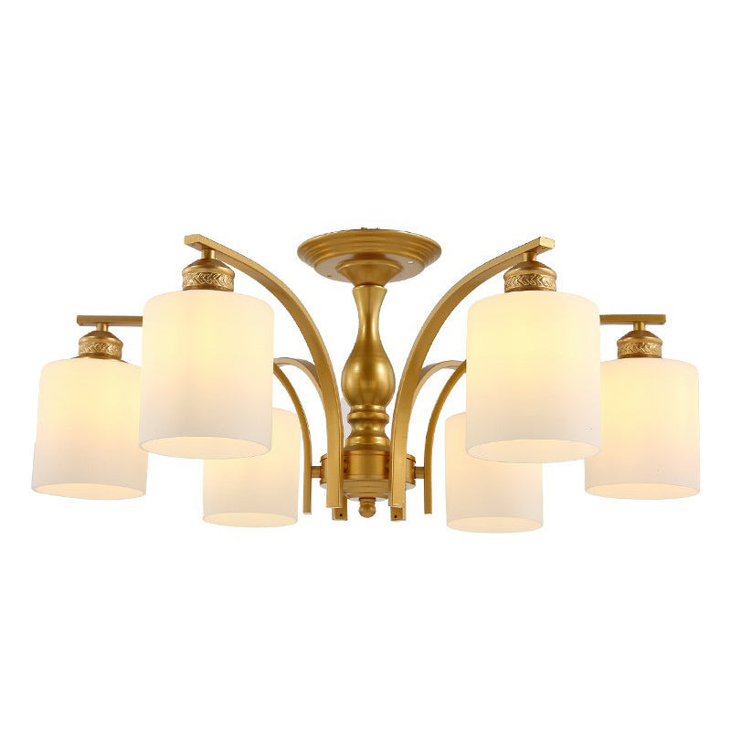 Metallic Branch Shaped Flush Mount Light Vintage Living Room Semi Flush Chandelier with Cream Glass Shade 6 Gold A Clearhalo 'Ceiling Lights' 'Close To Ceiling Lights' 'Close to ceiling' 'Semi-flushmount' Lighting' 2092211