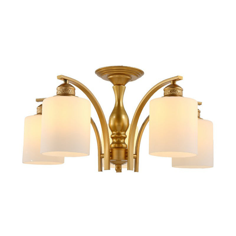 Metallic Branch Shaped Flush Mount Light Vintage Living Room Semi Flush Chandelier with Cream Glass Shade 5 Gold A Clearhalo 'Ceiling Lights' 'Close To Ceiling Lights' 'Close to ceiling' 'Semi-flushmount' Lighting' 2092212