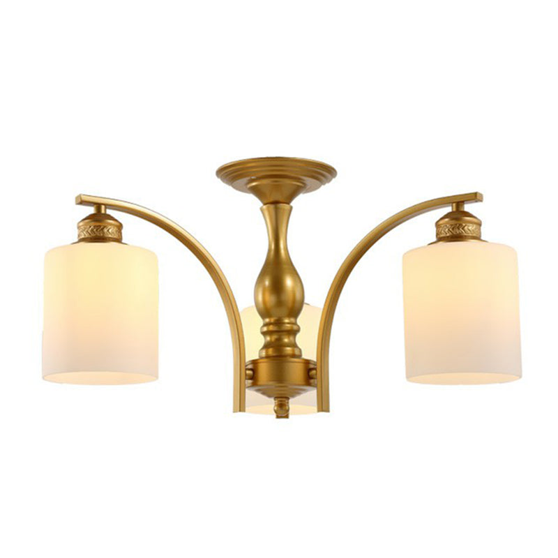 Metallic Branch Shaped Flush Mount Light Vintage Living Room Semi Flush Chandelier with Cream Glass Shade 3 Gold A Clearhalo 'Ceiling Lights' 'Close To Ceiling Lights' 'Close to ceiling' 'Semi-flushmount' Lighting' 2092213