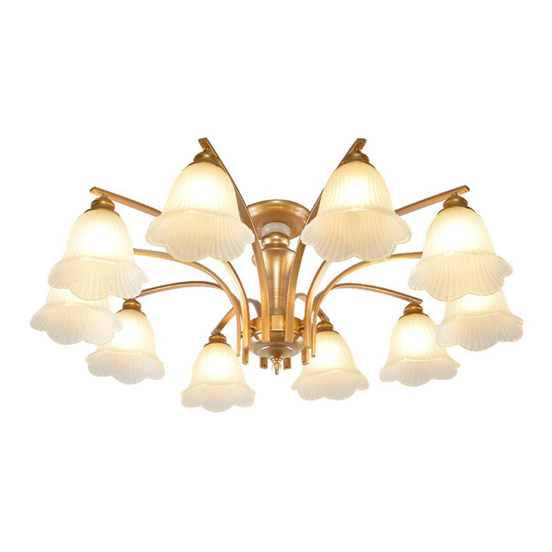 Metallic Branch Shaped Flush Mount Light Vintage Living Room Semi Flush Chandelier with Cream Glass Shade 10 Gold B Clearhalo 'Ceiling Lights' 'Close To Ceiling Lights' 'Close to ceiling' 'Semi-flushmount' Lighting' 2092214