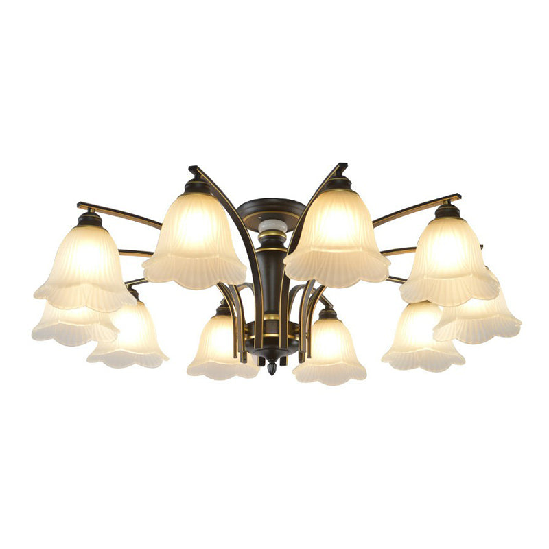 Metallic Branch Shaped Flush Mount Light Vintage Living Room Semi Flush Chandelier with Cream Glass Shade 10 Black B Clearhalo 'Ceiling Lights' 'Close To Ceiling Lights' 'Close to ceiling' 'Semi-flushmount' Lighting' 2092215