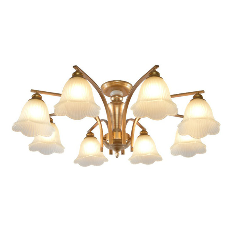 Metallic Branch Shaped Flush Mount Light Vintage Living Room Semi Flush Chandelier with Cream Glass Shade 8 Gold B Clearhalo 'Ceiling Lights' 'Close To Ceiling Lights' 'Close to ceiling' 'Semi-flushmount' Lighting' 2092216