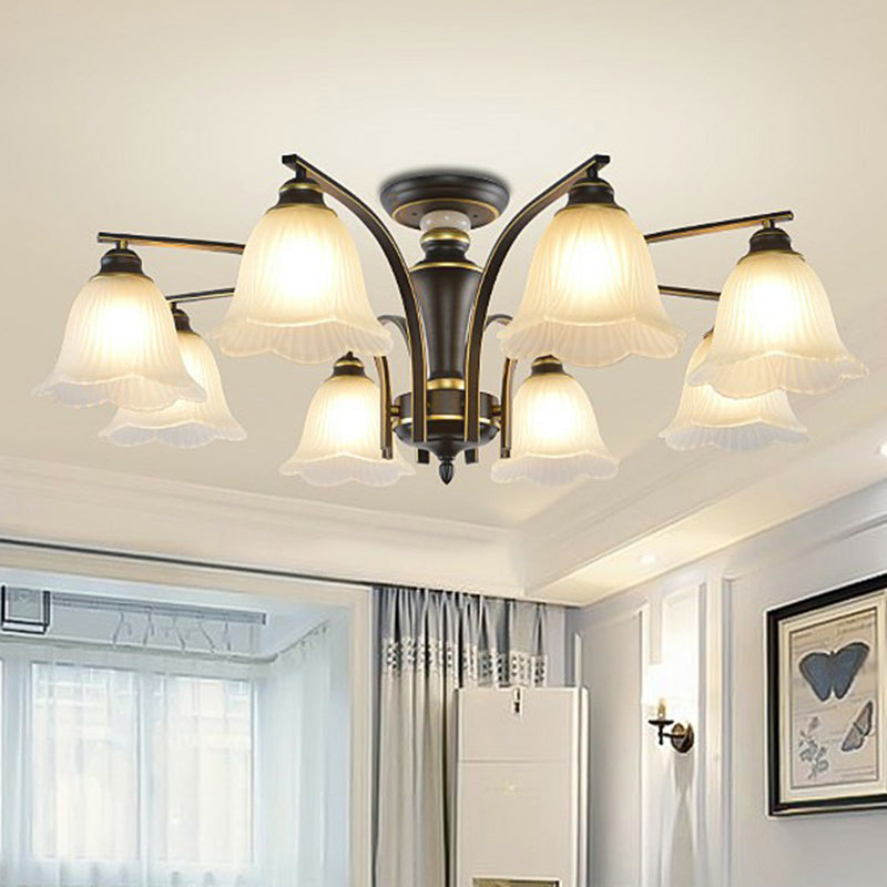 Metallic Branch Shaped Flush Mount Light Vintage Living Room Semi Flush Chandelier with Cream Glass Shade 8 Black B Clearhalo 'Ceiling Lights' 'Close To Ceiling Lights' 'Close to ceiling' 'Semi-flushmount' Lighting' 2092217