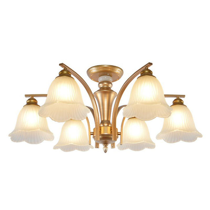 Metallic Branch Shaped Flush Mount Light Vintage Living Room Semi Flush Chandelier with Cream Glass Shade 6 Gold B Clearhalo 'Ceiling Lights' 'Close To Ceiling Lights' 'Close to ceiling' 'Semi-flushmount' Lighting' 2092218