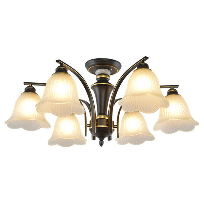 Metallic Branch Shaped Flush Mount Light Vintage Living Room Semi Flush Chandelier with Cream Glass Shade 6 Black B Clearhalo 'Ceiling Lights' 'Close To Ceiling Lights' 'Close to ceiling' 'Semi-flushmount' Lighting' 2092219