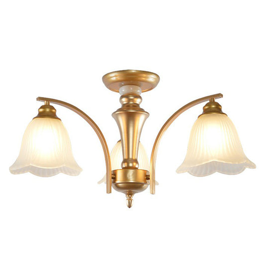 Metallic Branch Shaped Flush Mount Light Vintage Living Room Semi Flush Chandelier with Cream Glass Shade 3 Gold B Clearhalo 'Ceiling Lights' 'Close To Ceiling Lights' 'Close to ceiling' 'Semi-flushmount' Lighting' 2092220