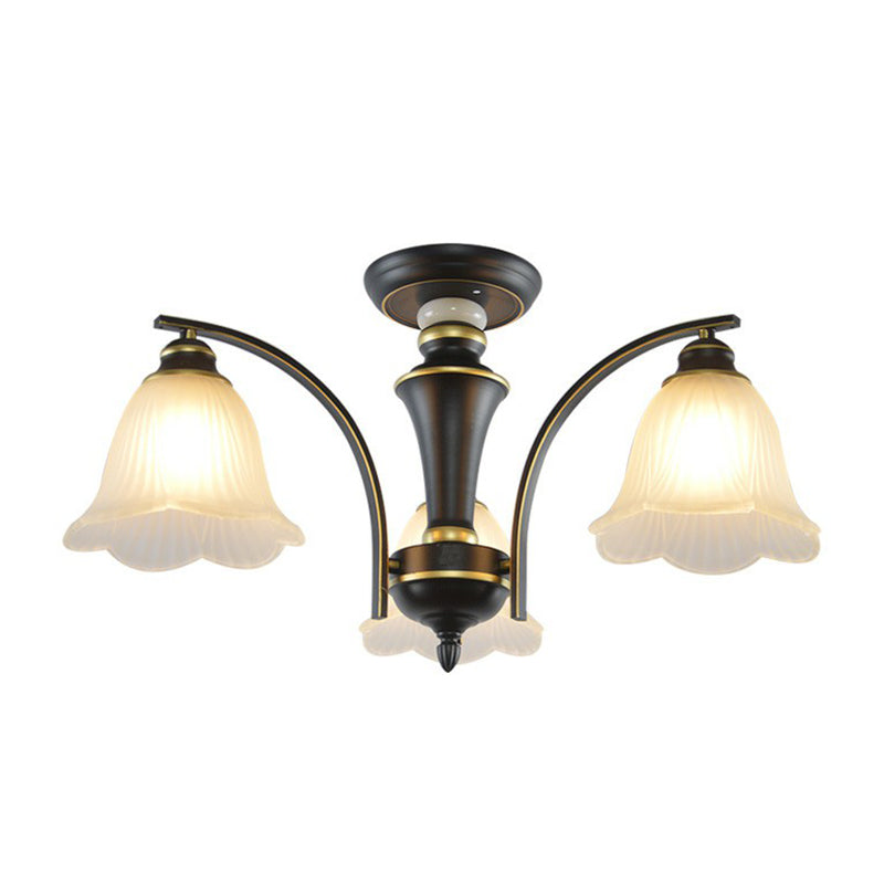 Metallic Branch Shaped Flush Mount Light Vintage Living Room Semi Flush Chandelier with Cream Glass Shade 3 Black B Clearhalo 'Ceiling Lights' 'Close To Ceiling Lights' 'Close to ceiling' 'Semi-flushmount' Lighting' 2092221