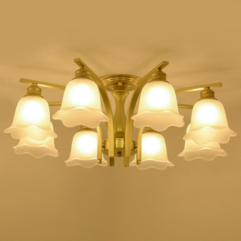 Rustic Ruffled Semi Flush Light Cream Glass Flush Mount Ceiling Chandelier for Living Room 8 Gold Clearhalo 'Ceiling Lights' 'Close To Ceiling Lights' 'Close to ceiling' 'Semi-flushmount' Lighting' 2092231