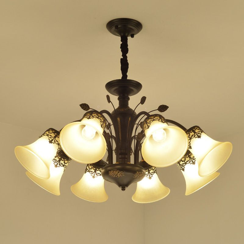 Flared Shade Beige Glass Chandelier Light Classic Living Room Pendant Ceiling Light in Black Clearhalo 'Ceiling Lights' 'Chandeliers' Lighting' options 2092236