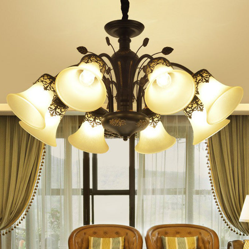 Flared Shade Beige Glass Chandelier Light Classic Living Room Pendant Ceiling Light in Black Clearhalo 'Ceiling Lights' 'Chandeliers' Lighting' options 2092237