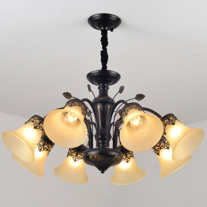 Flared Shade Beige Glass Chandelier Light Classic Living Room Pendant Ceiling Light in Black Clearhalo 'Ceiling Lights' 'Chandeliers' Lighting' options 2092238