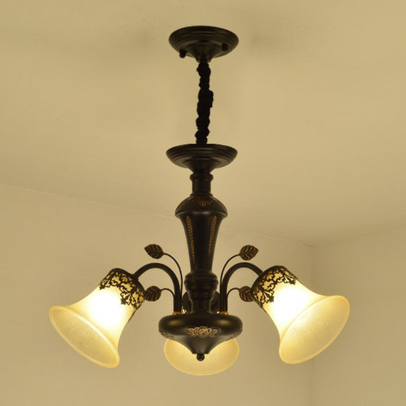 Flared Shade Beige Glass Chandelier Light Classic Living Room Pendant Ceiling Light in Black 3 Black Clearhalo 'Ceiling Lights' 'Chandeliers' Lighting' options 2092239_5c2315eb-fe5f-477d-af91-1cee82995b38