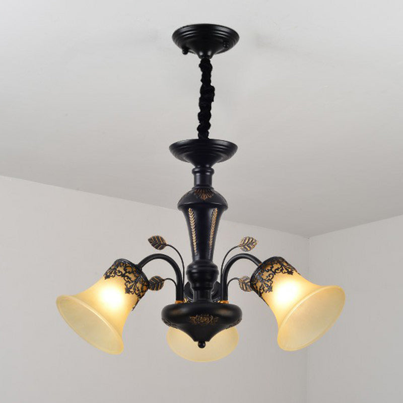 Flared Shade Beige Glass Chandelier Light Classic Living Room Pendant Ceiling Light in Black Clearhalo 'Ceiling Lights' 'Chandeliers' Lighting' options 2092240