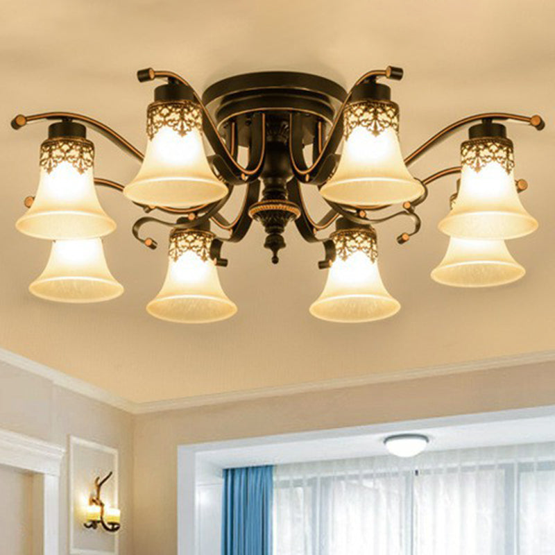 Beige Glass Bell Semi Flush Traditional Living Room Ceiling Mount Chandelier in Black Clearhalo 'Ceiling Lights' 'Close To Ceiling Lights' 'Close to ceiling' 'Semi-flushmount' Lighting' 2092243