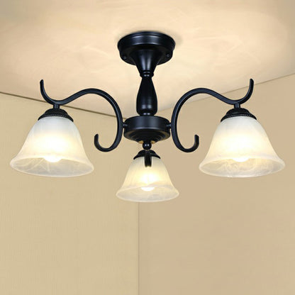 Black Bell Shaped Semi Flush Mount Vintage Opal Glass Living Room Close To Ceiling Chandelier 3 Black B Clearhalo 'Ceiling Lights' 'Close To Ceiling Lights' 'Close to ceiling' 'Semi-flushmount' Lighting' 2092256